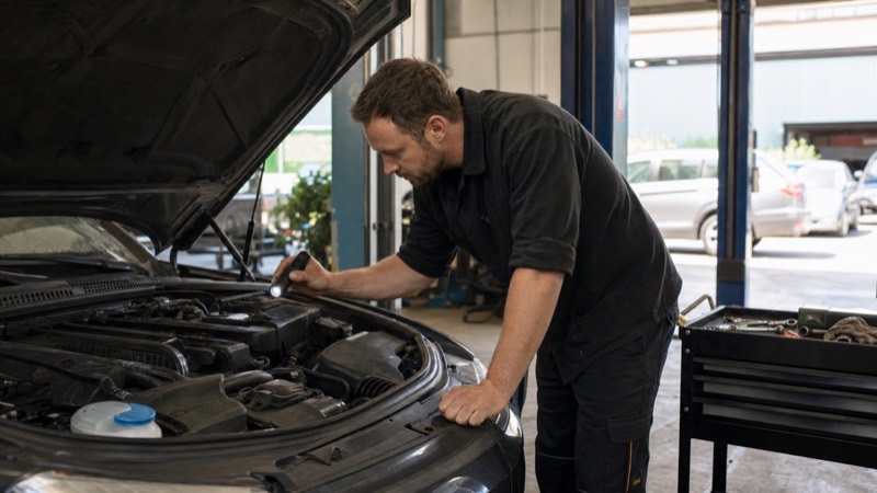 An automotive technician inspecting a vehicle in a local workshop