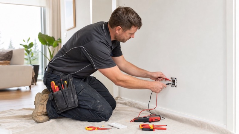 An electrician testing a wall outlet during a scheduled home service visit