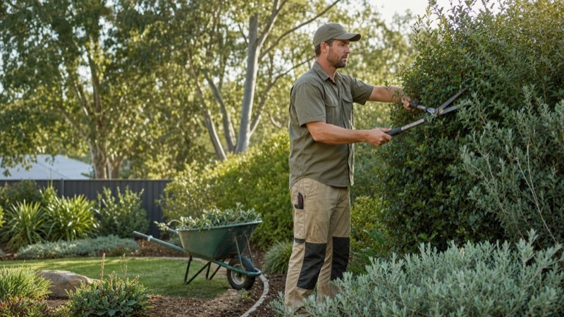 A gardener trimming established shrubs during a residential maintenance visit
