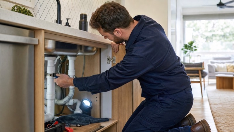 A plumber repairing pipework during a scheduled home service visit