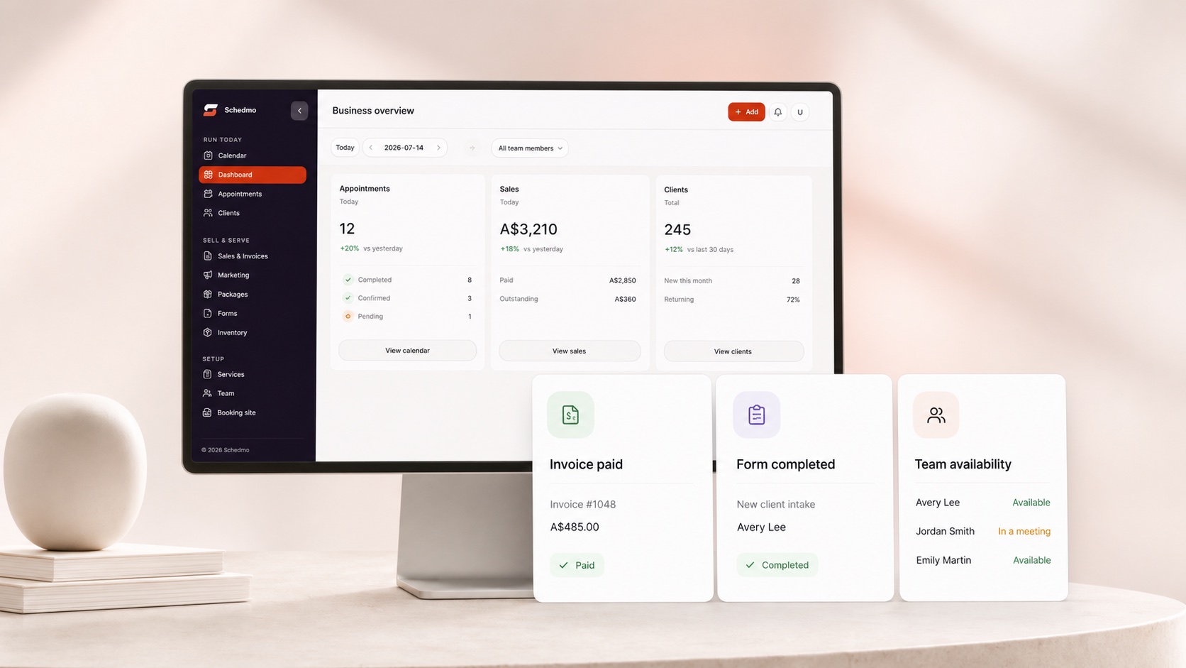 Schedmo business overview with a paid invoice, completed form and team availability