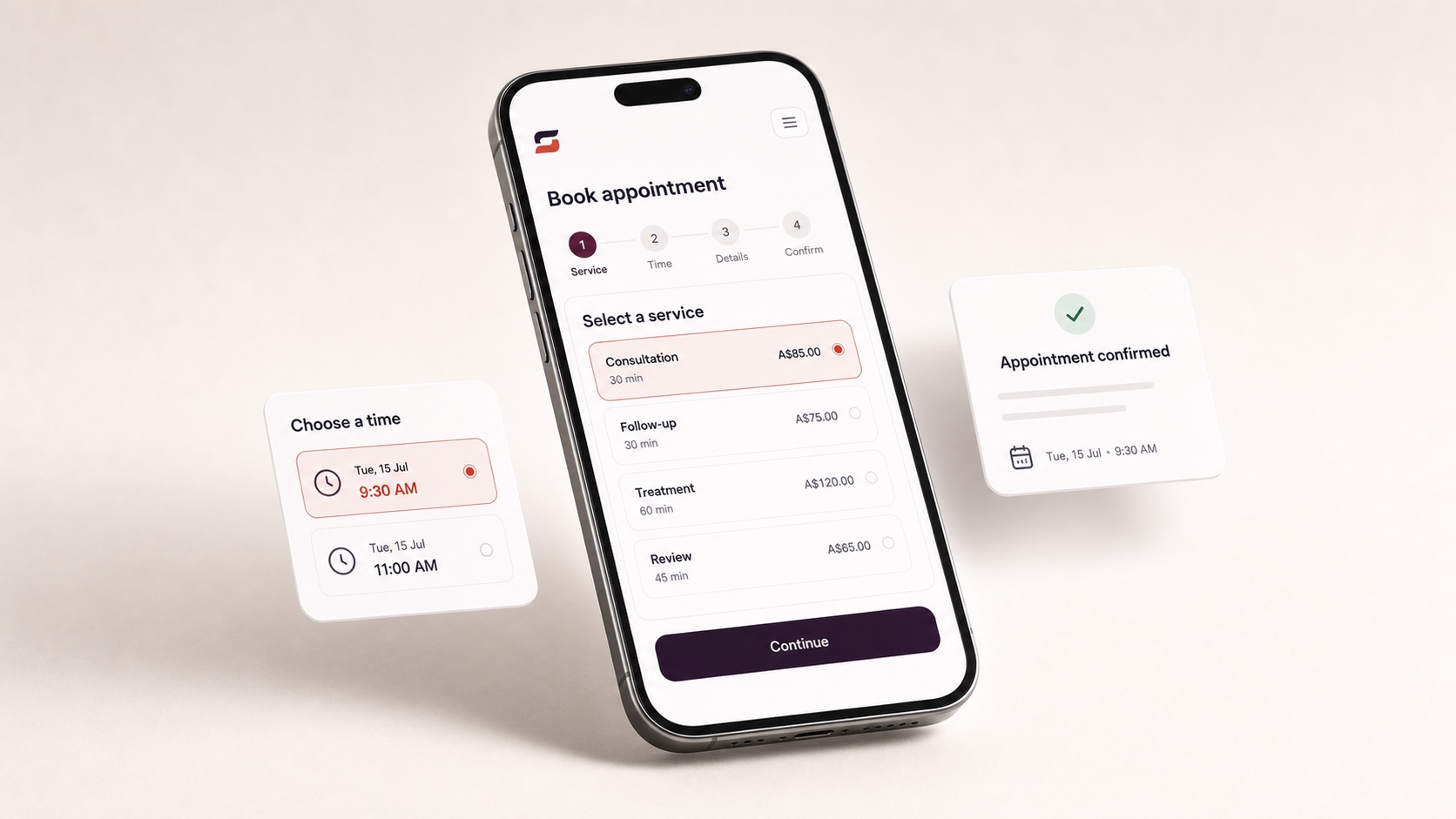 Schedmo mobile booking with service selection, available times and appointment confirmation