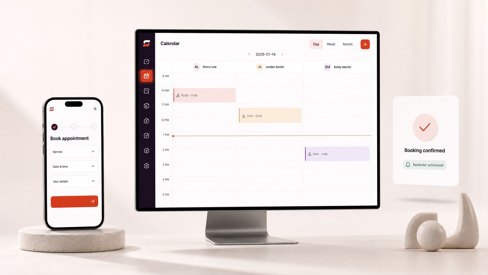 A Schedmo booking flowing into the team calendar and an automated confirmation